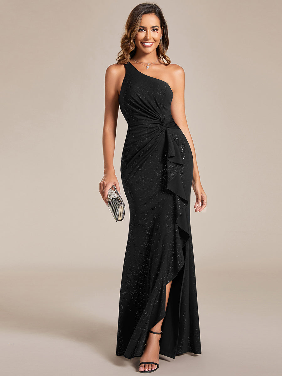 Color=Black | Shining One-Shoulder Spaghetti Strap Bodycon Evening Dresses-Black 5