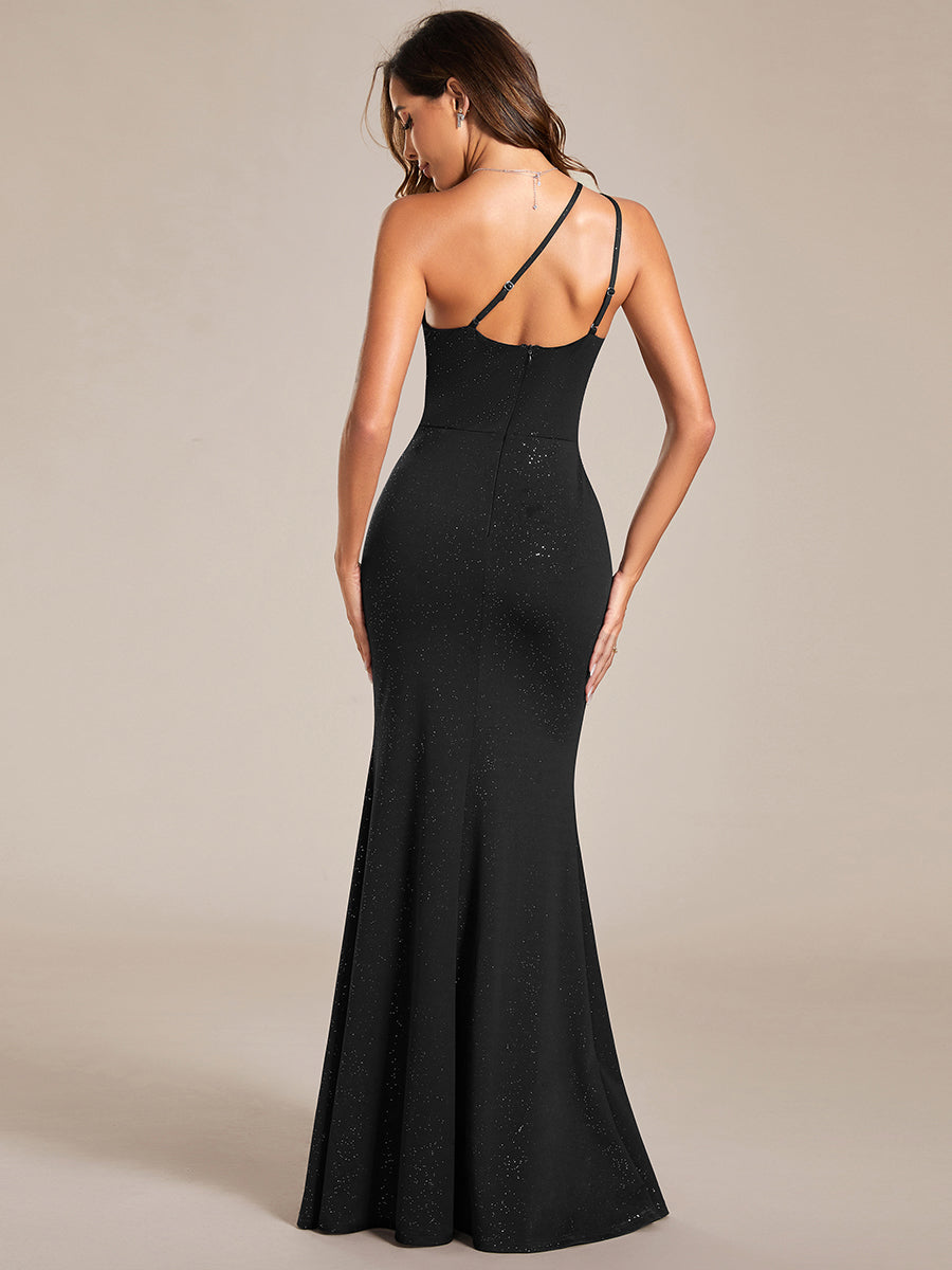 Color=Black | Shining One-Shoulder Spaghetti Strap Bodycon Evening Dresses-Black 2
