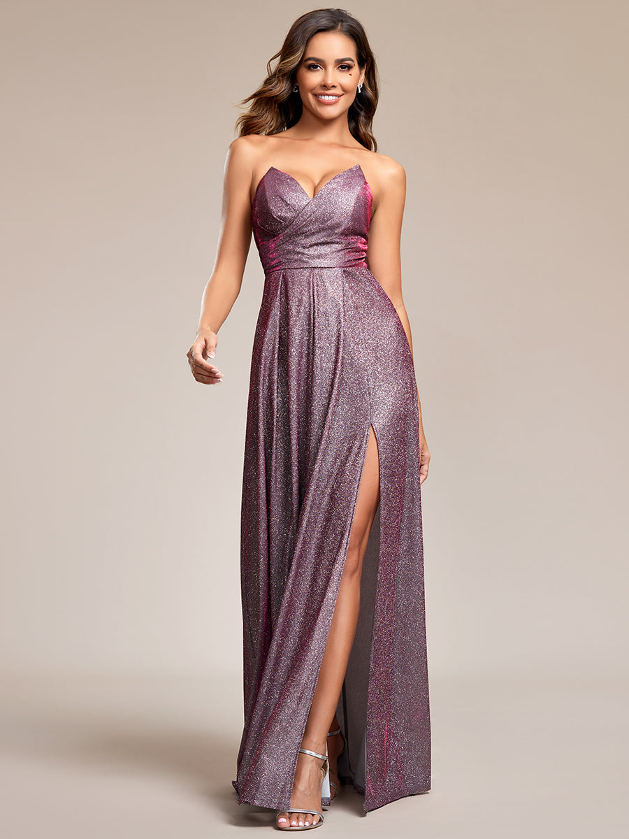 Hot Split Pleated Shiny Maxi Lacing design Wholesale Evening Dresses#Color_Metallic Rose