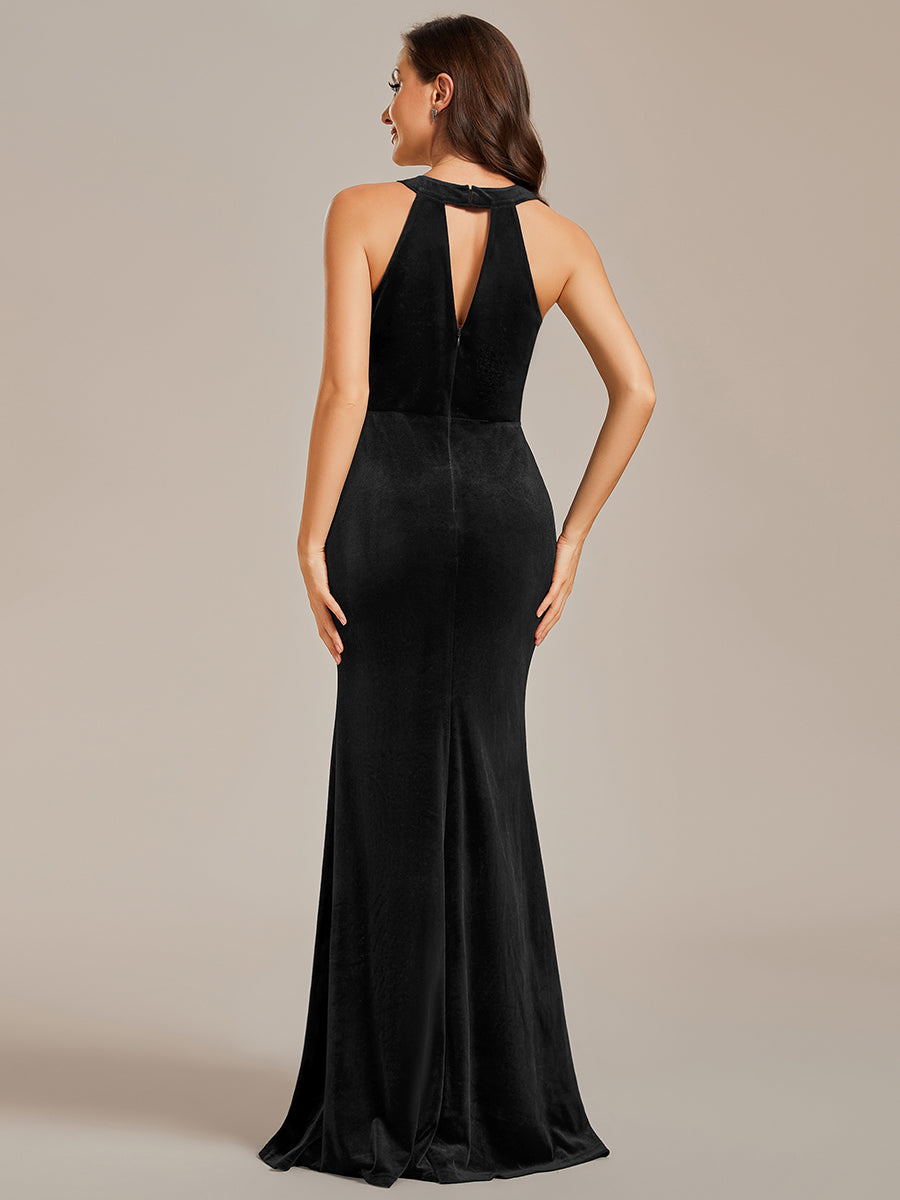 Halter Neck Side Split Velvet Wholesale Evening Dresses#Color_Black