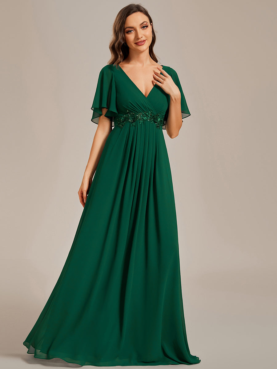 V Neck Appliques Pleated Wholesale Bridesmaid Dresses#Color_Dark Green