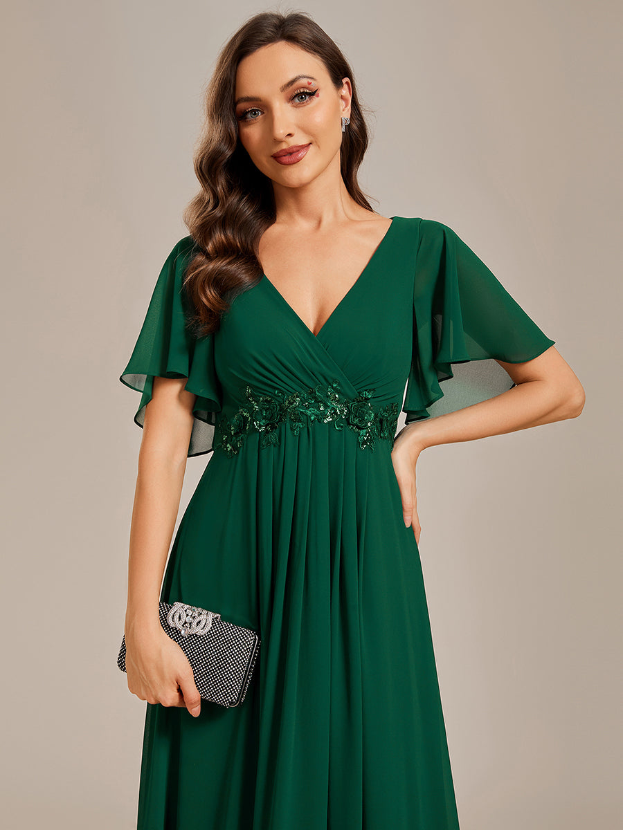 V Neck Appliques Pleated Wholesale Bridesmaid Dresses#Color_Dark Green