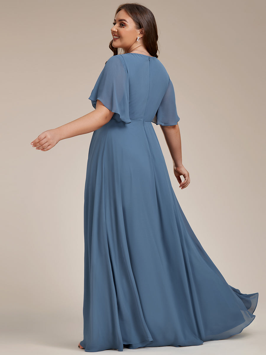 Plus V Neck Appliques Pleated Wholesale Bridesmaid Dresses#Color_Dusty Navy