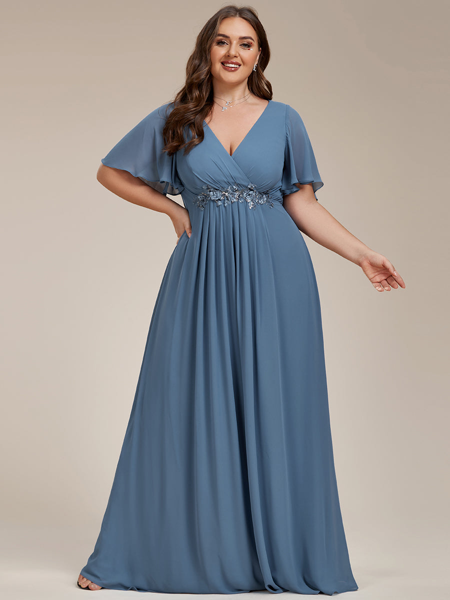 Plus V Neck Appliques Pleated Wholesale Bridesmaid Dresses#Color_Dusty Navy