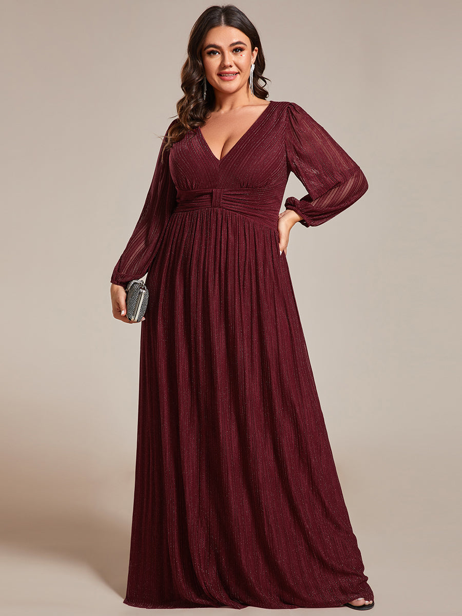 Color=Plus Size Purple Wisteria | Maxi Long Chiffon Waist  V Neck Wholesale Evening Dress with Long Sleeves-Burgundy 1