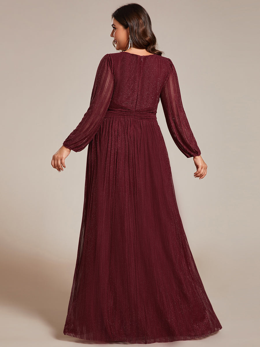 Color=Plus Size Purple Wisteria | Maxi Long Chiffon Waist  V Neck Wholesale Evening Dress with Long Sleeves-Burgundy 2
