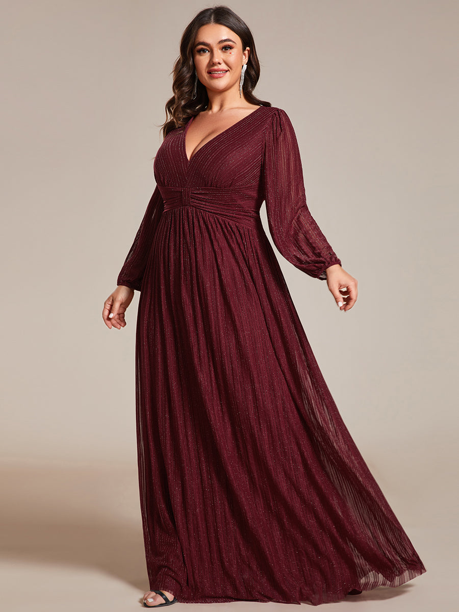 Color=Plus Size Purple Wisteria | Maxi Long Chiffon Waist  V Neck Wholesale Evening Dress with Long Sleeves-Burgundy 3