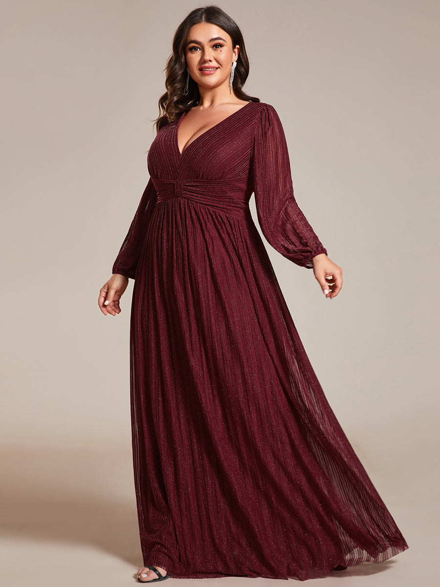 Color=Plus Size Purple Wisteria | Maxi Long Chiffon Waist  V Neck Wholesale Evening Dress with Long Sleeves-Burgundy 3
