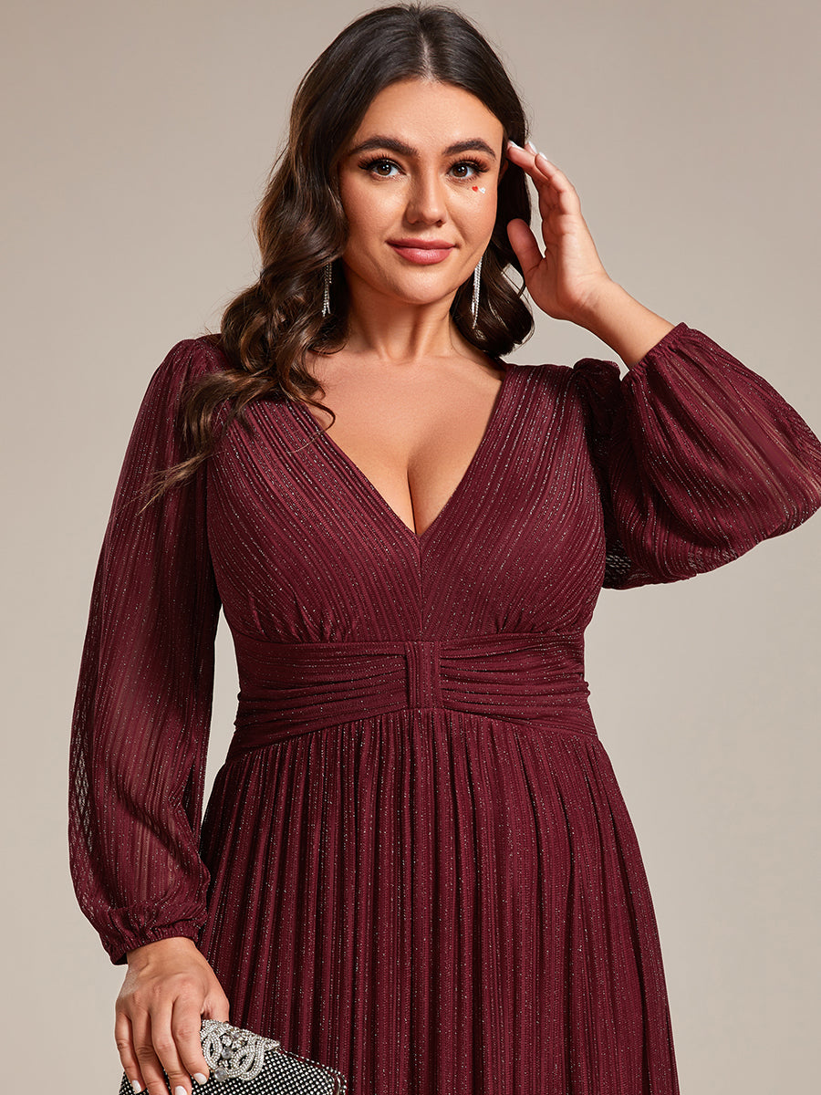 Color=Plus Size Purple Wisteria | Maxi Long Chiffon Waist  V Neck Wholesale Evening Dress with Long Sleeves-Burgundy 5