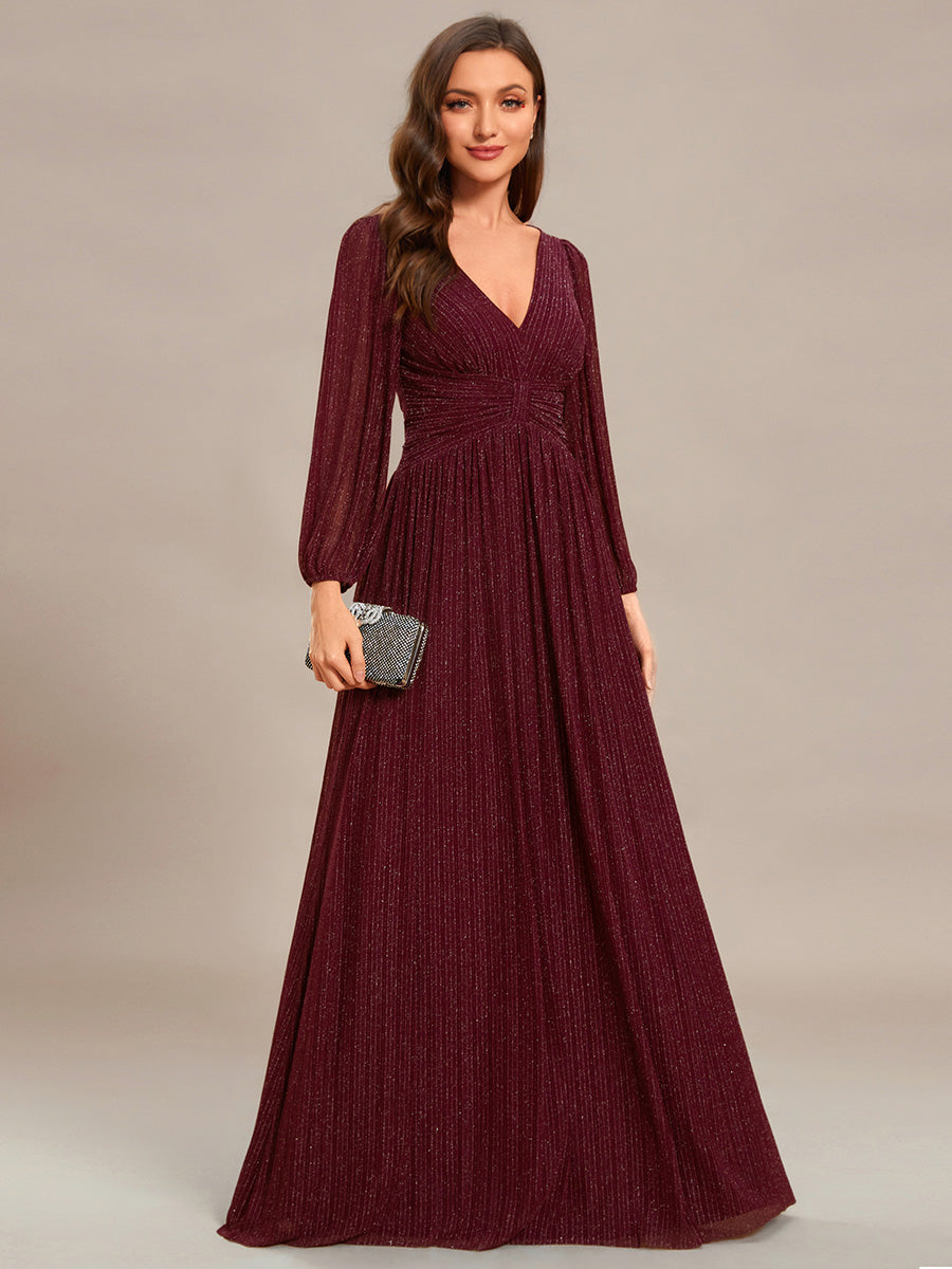 Color=Burgundy | Maxi Long Chiffon Waist  V Neck Wholesale Evening Dress with Long Sleeves-Burgundy 1