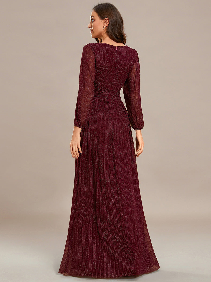 Color=Burgundy | Maxi Long Chiffon Waist  V Neck Wholesale Evening Dress with Long Sleeves-Burgundy 2