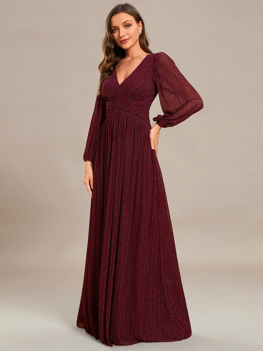 Color=Burgundy | Maxi Long Chiffon Waist  V Neck Wholesale Evening Dress with Long Sleeves-Burgundy 5