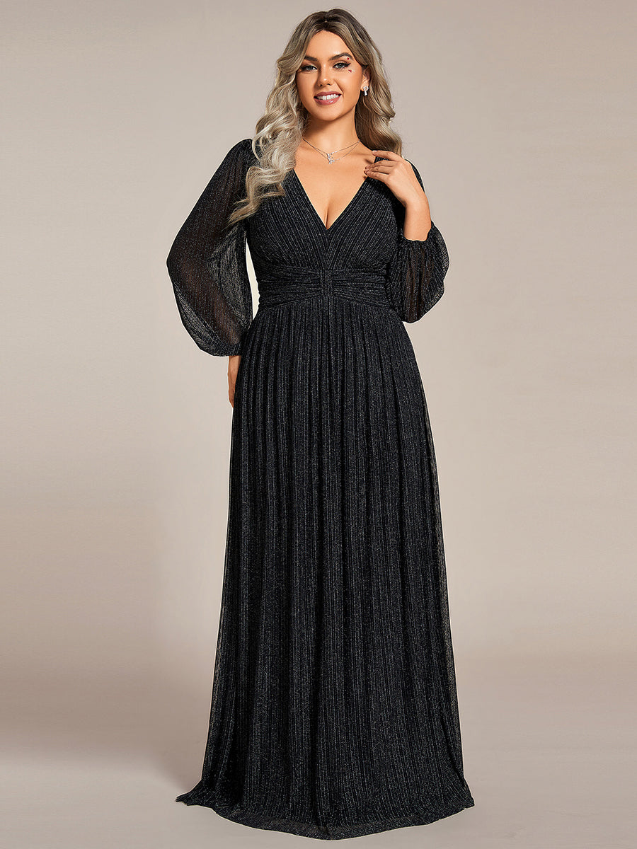 Color=Plus Size Purple Wisteria | Maxi Long Chiffon Waist  V Neck Wholesale Evening Dress with Long Sleeves-Black 3
