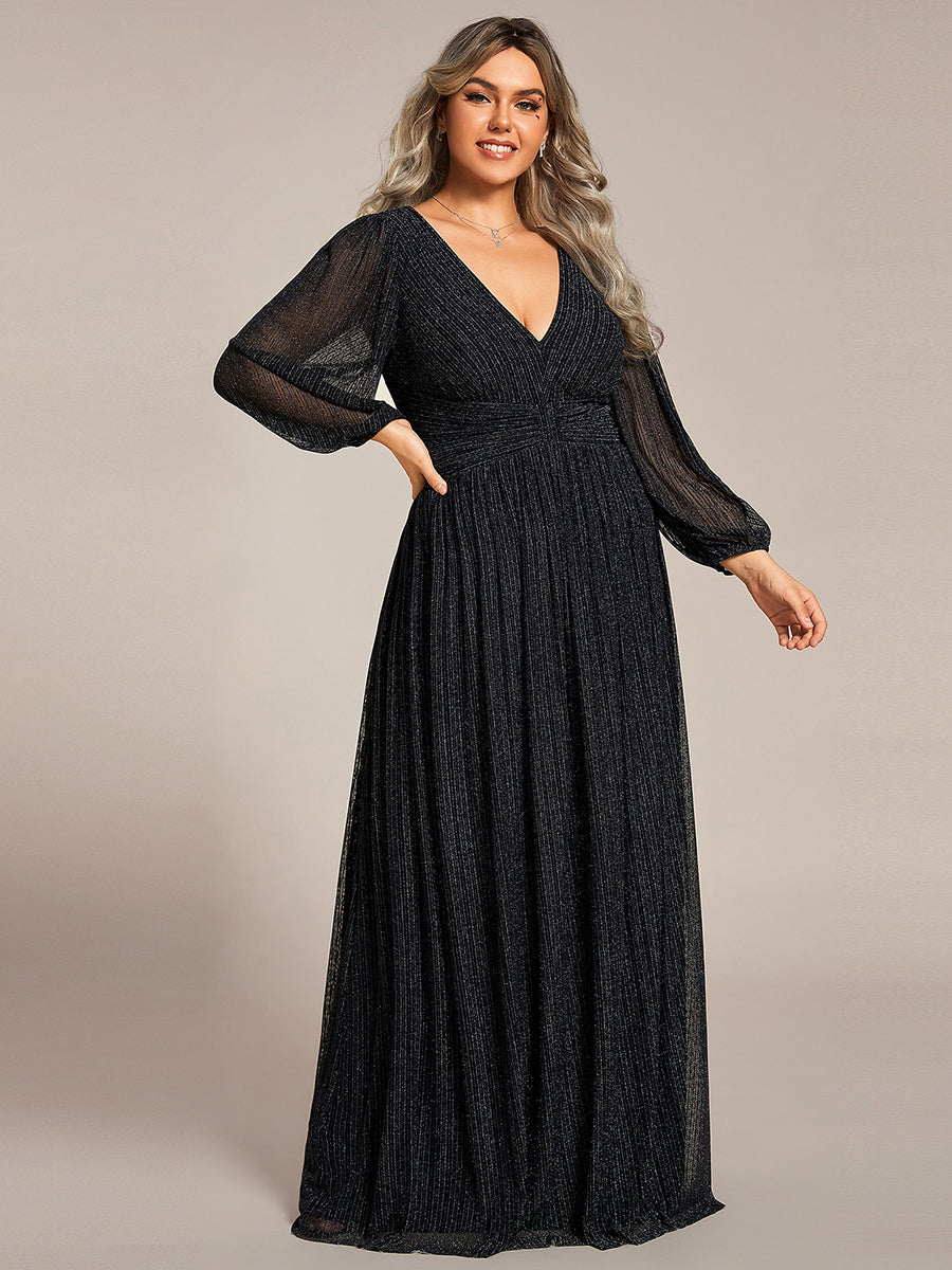 Color=Plus Size Purple Wisteria | Maxi Long Chiffon Waist  V Neck Wholesale Evening Dress with Long Sleeves-Black 4