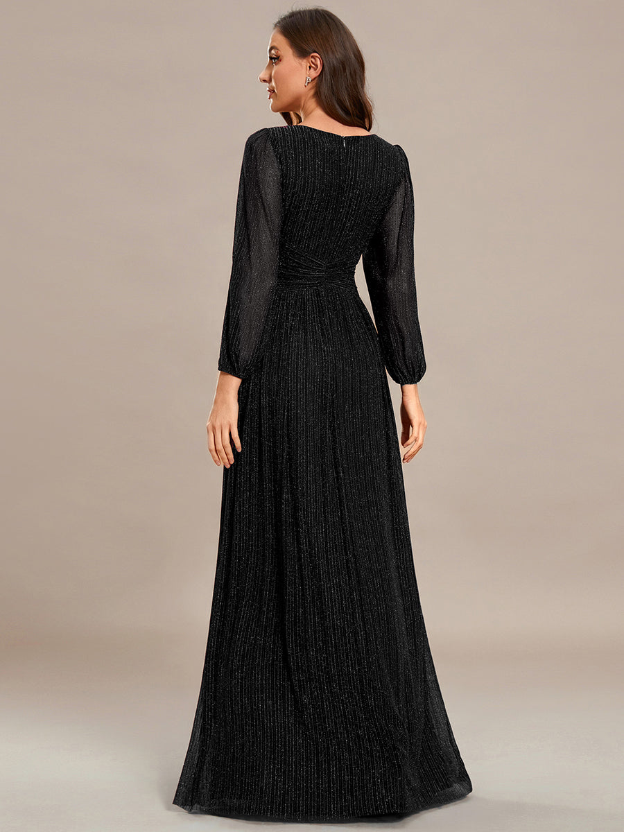 Color=Black | Maxi Long Chiffon Waist  V Neck Wholesale Evening Dress with Long Sleeves-Black 4