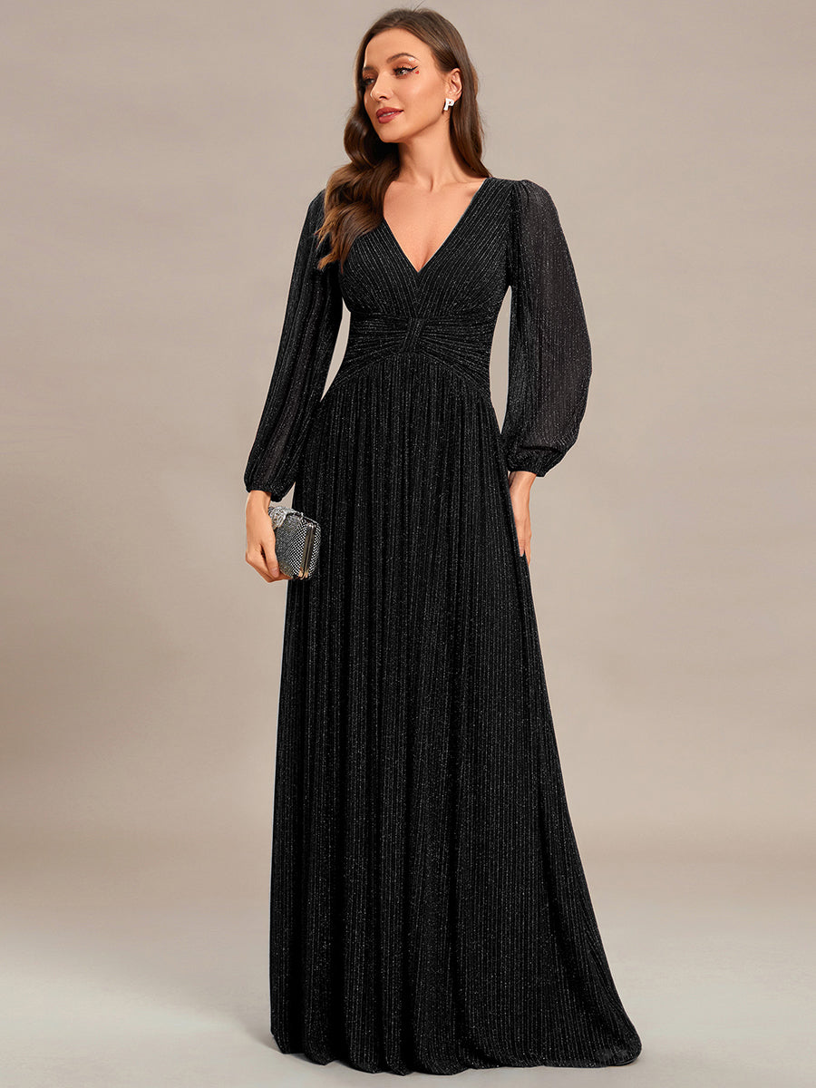 Color=Black | Maxi Long Chiffon Waist  V Neck Wholesale Evening Dress with Long Sleeves-Black 1