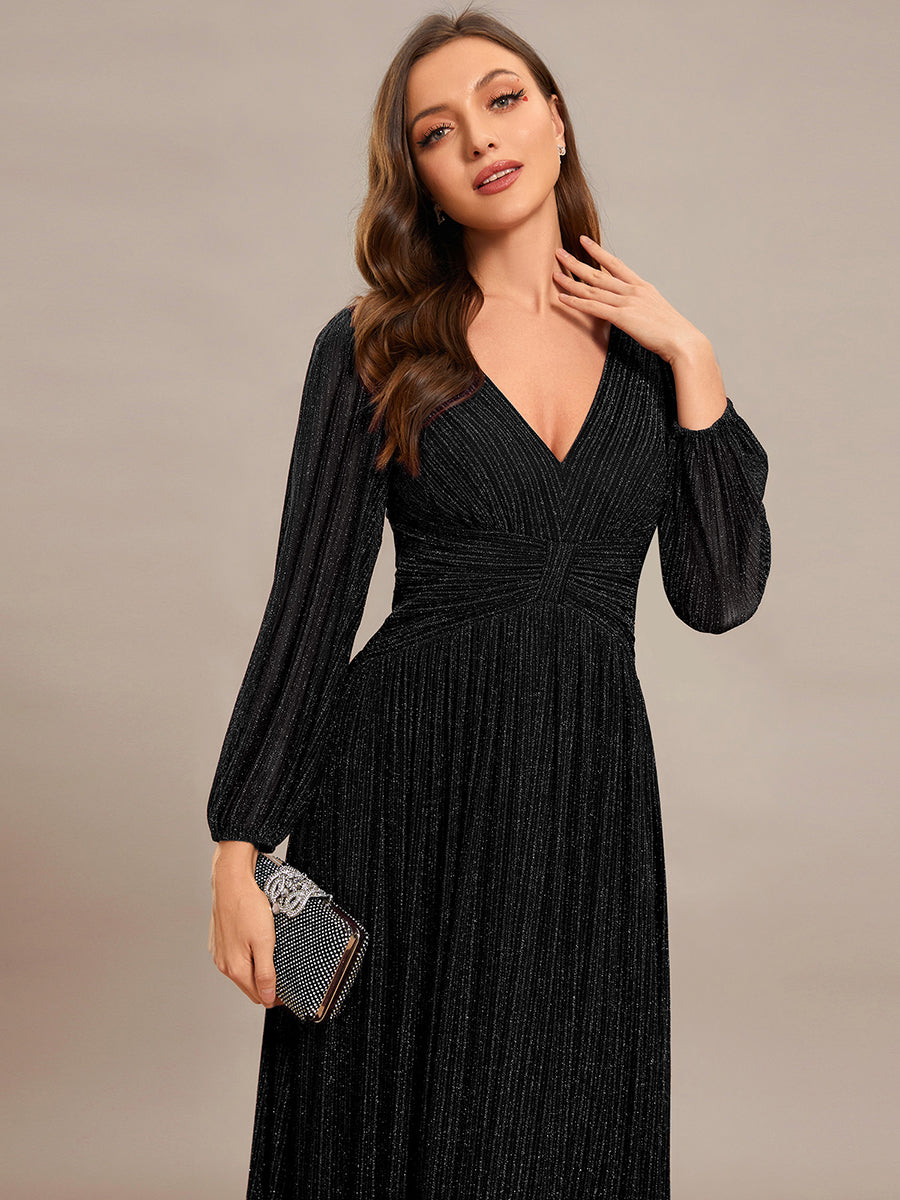 Color=Black | Maxi Long Chiffon Waist  V Neck Wholesale Evening Dress with Long Sleeves-Black 2