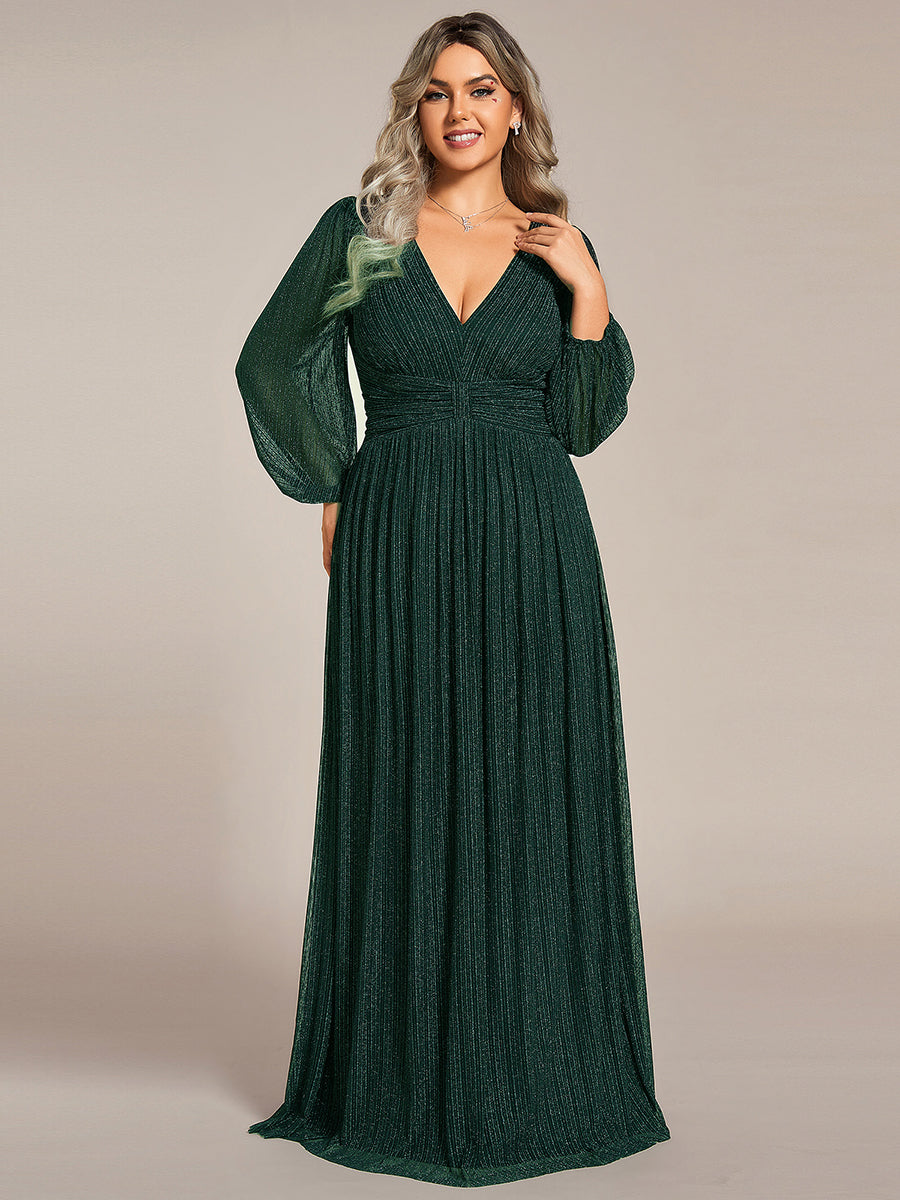 Color=Plus Size Purple Wisteria | Maxi Long Chiffon Waist  V Neck Wholesale Evening Dress with Long Sleeves-Dark Green 1