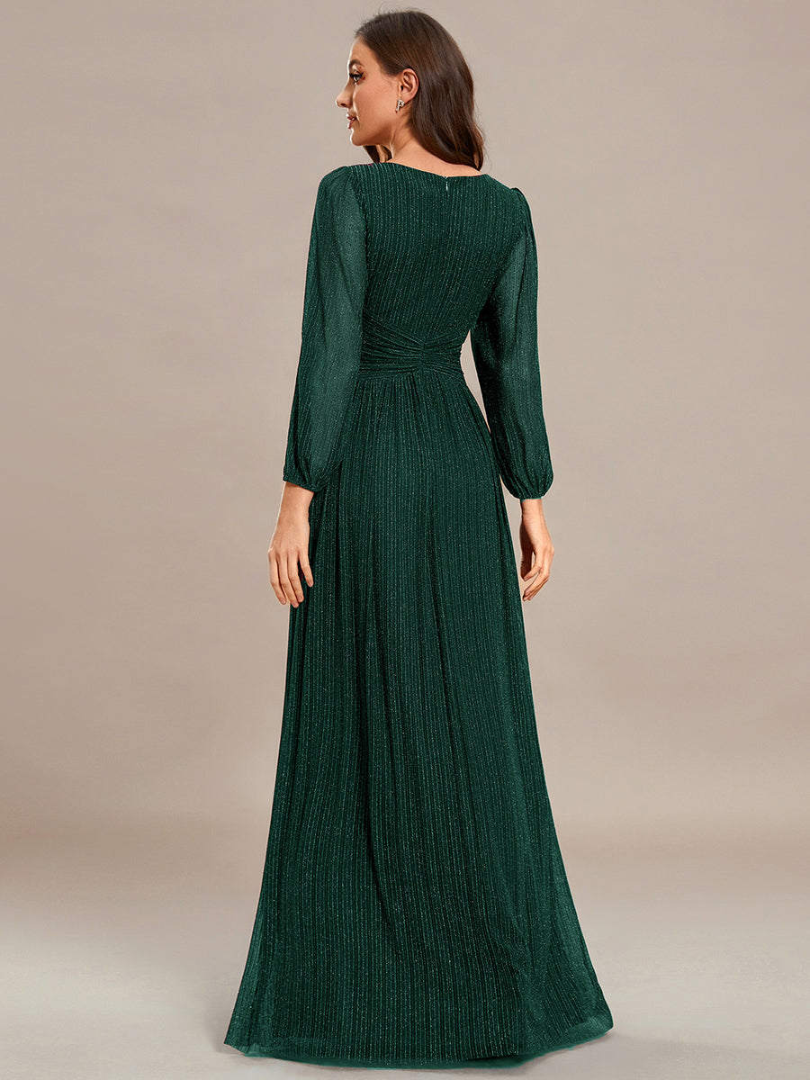 Color=Dark Green | Maxi Long Chiffon Waist  V Neck Wholesale Evening Dress with Long Sleeves-Dark Green  5