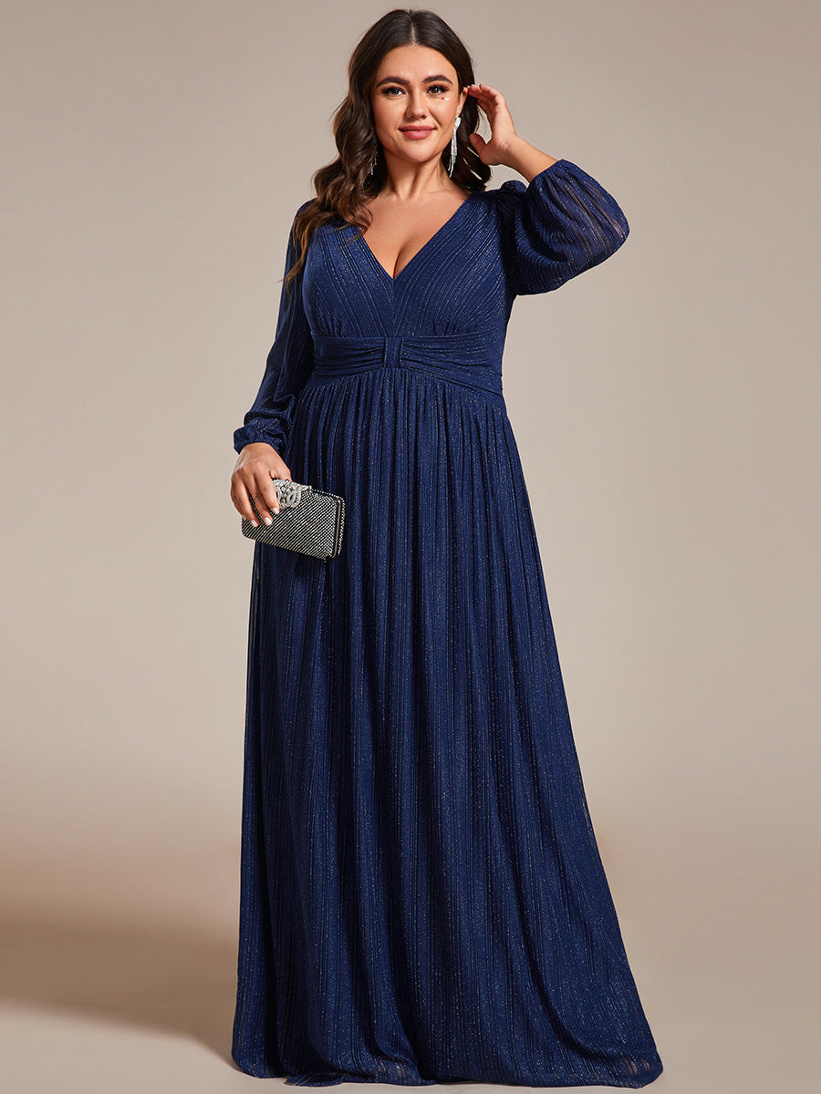 Color=Plus Size Purple Wisteria | Maxi Long Chiffon Waist  V Neck Wholesale Evening Dress with Long Sleeves-Navy Blue 6