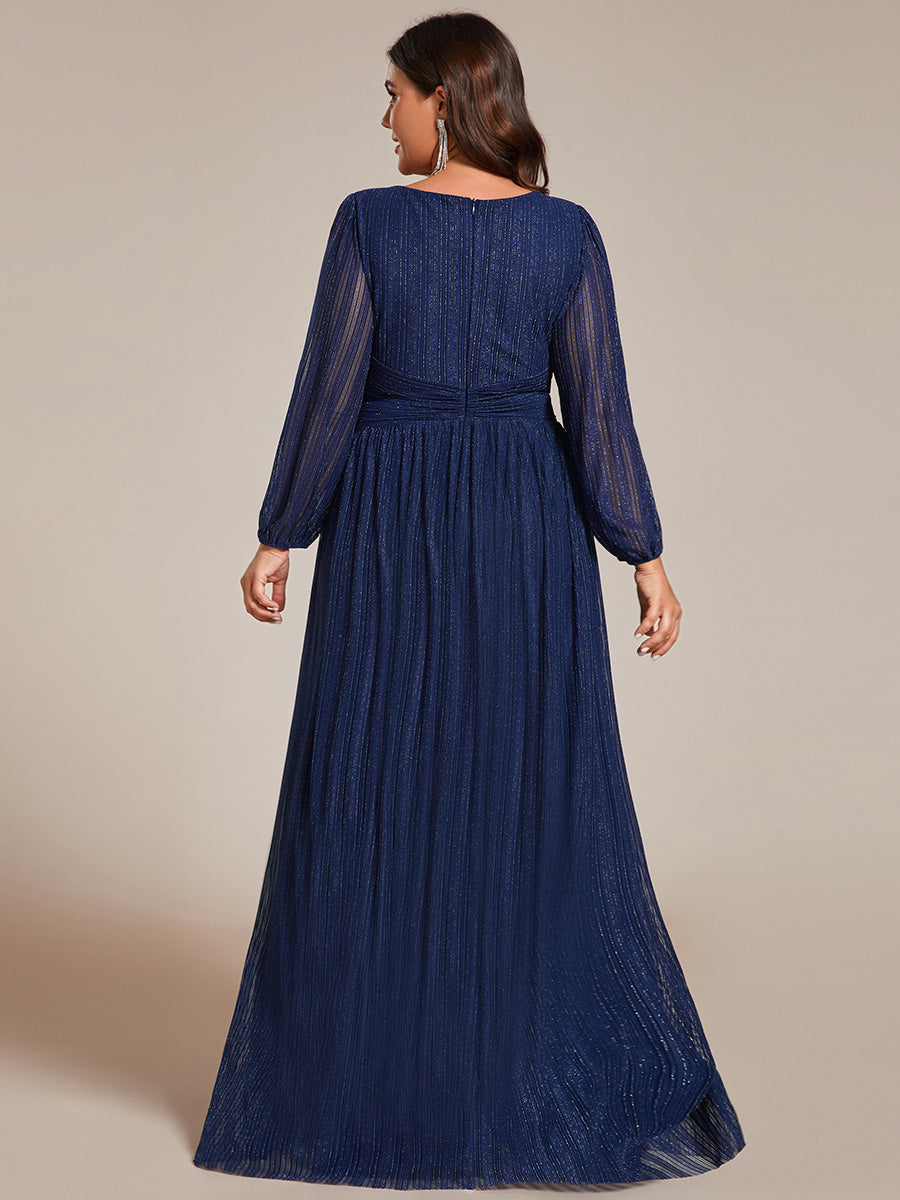 Color=Plus Size Purple Wisteria | Maxi Long Chiffon Waist  V Neck Wholesale Evening Dress with Long Sleeves-Navy Blue 7