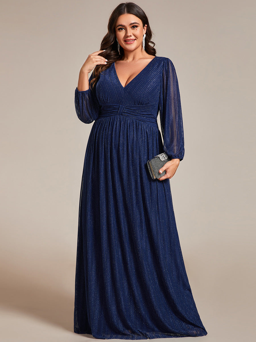 Color=Plus Size Purple Wisteria | Maxi Long Chiffon Waist  V Neck Wholesale Evening Dress with Long Sleeves-Navy Blue 8