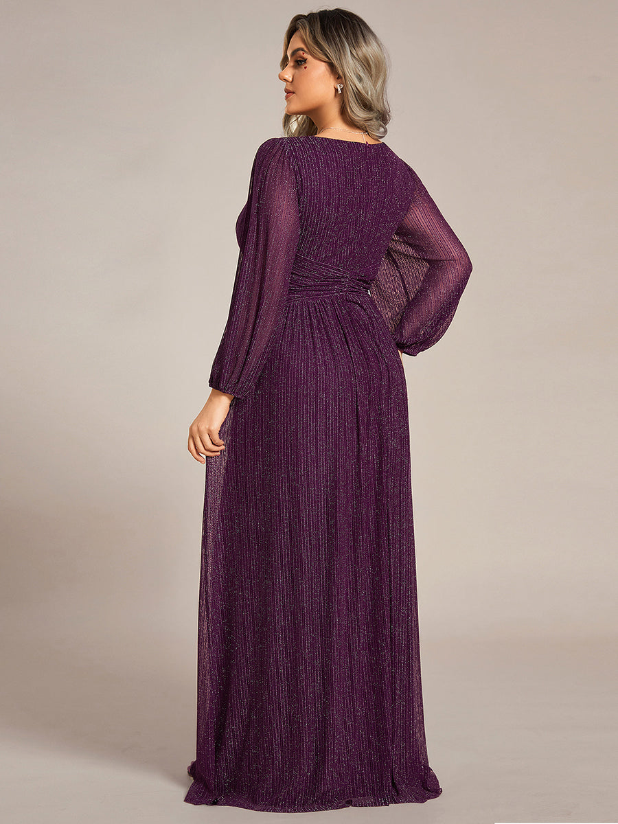 Color=Plus Size Purple Wisteria | Maxi Long Chiffon Waist  V Neck Wholesale Evening Dress with Long Sleeves-Purple Wisteria 4