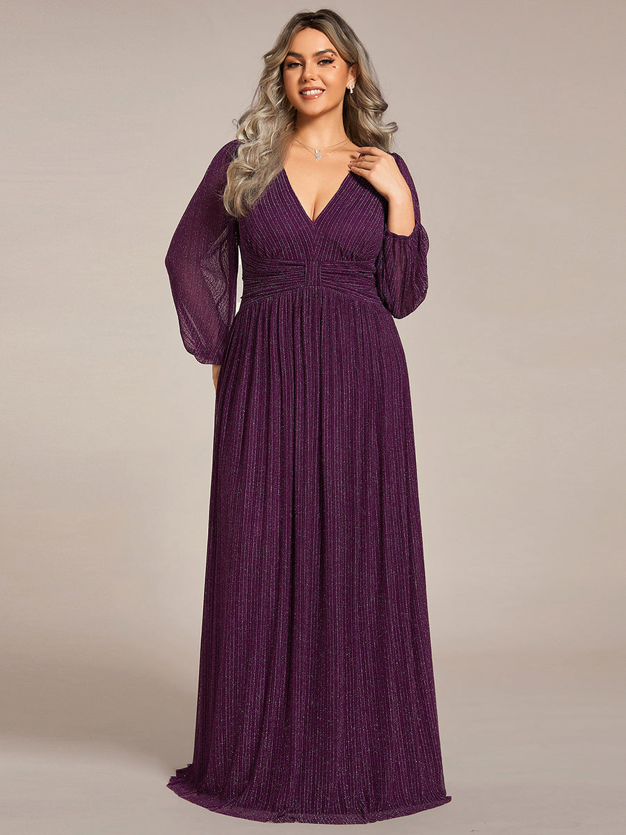 Color=Plus Size Purple Wisteria | Maxi Long Chiffon Waist  V Neck Wholesale Evening Dress with Long Sleeves-Purple Wisteria 1