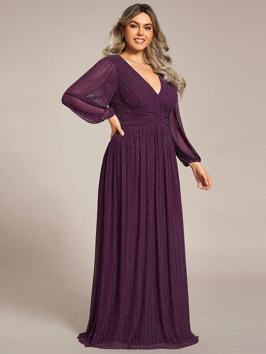 Color=Plus Size Purple Wisteria | Maxi Long Chiffon Waist  V Neck Wholesale Evening Dress with Long Sleeves-Purple Wisteria 3