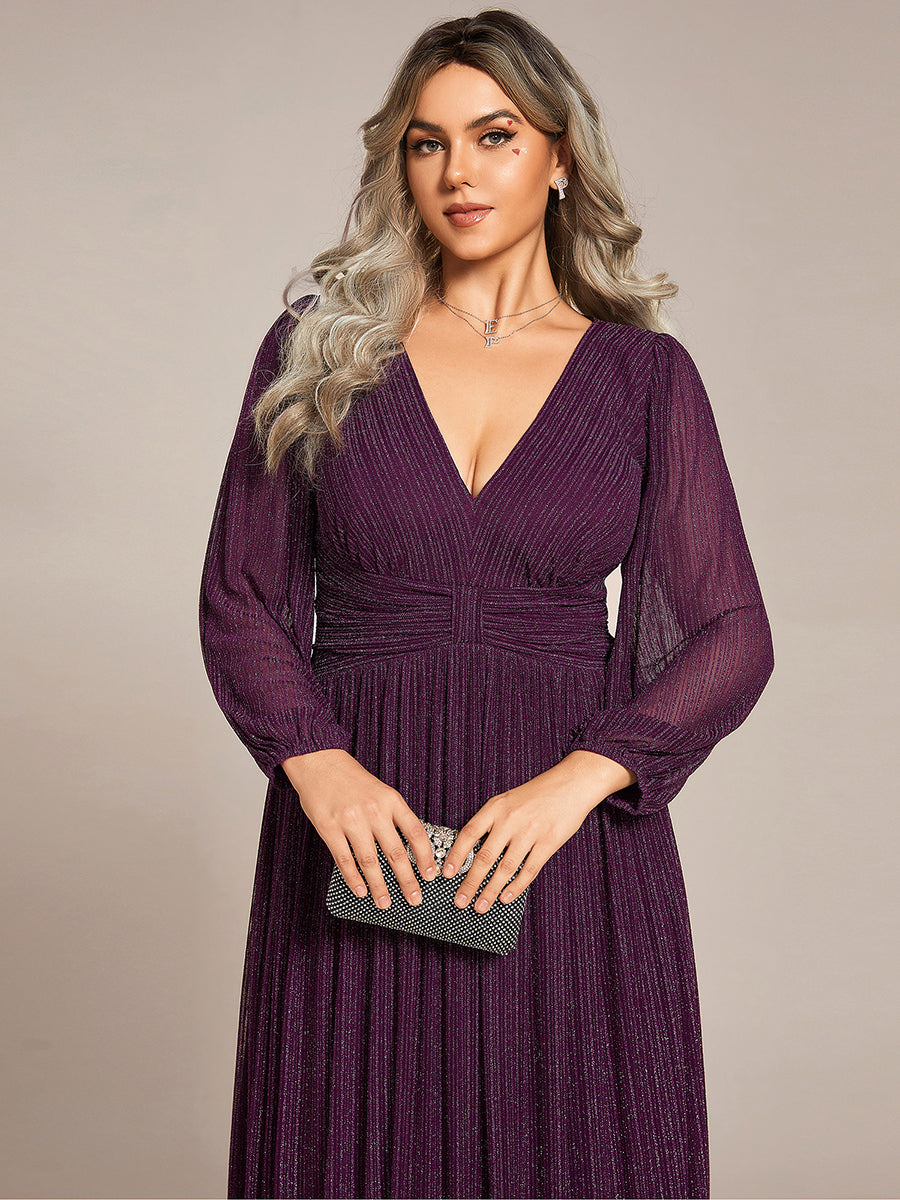 Color=Plus Size Purple Wisteria | Maxi Long Chiffon Waist  V Neck Wholesale Evening Dress with Long Sleeves-Purple Wisteria 2