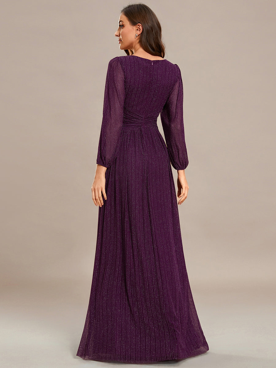 Color=Purple Wisteria | Maxi Long Chiffon Waist  V Neck Wholesale Evening Dress with Long Sleeves-Purple Wisteria 2