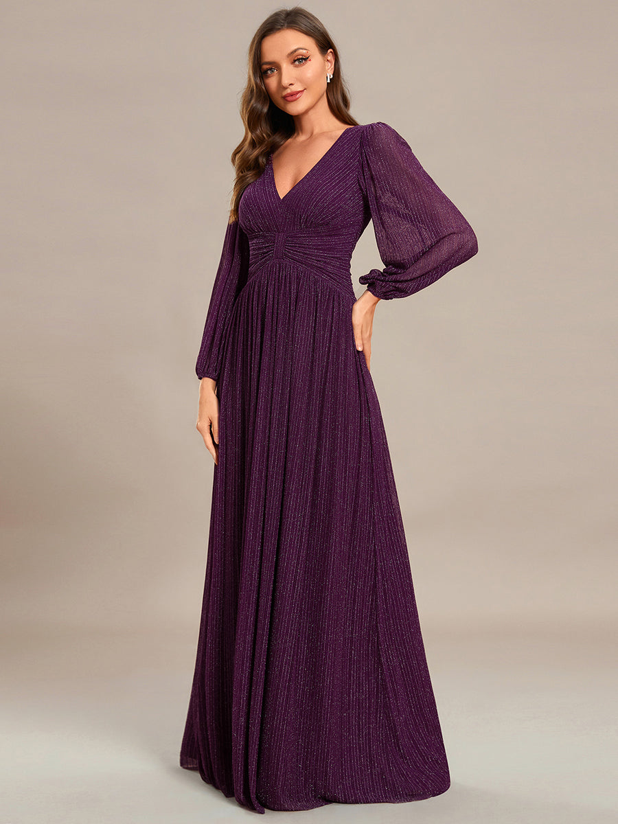 Color=Purple Wisteria | Maxi Long Chiffon Waist  V Neck Wholesale Evening Dress with Long Sleeves-Purple Wisteria 4