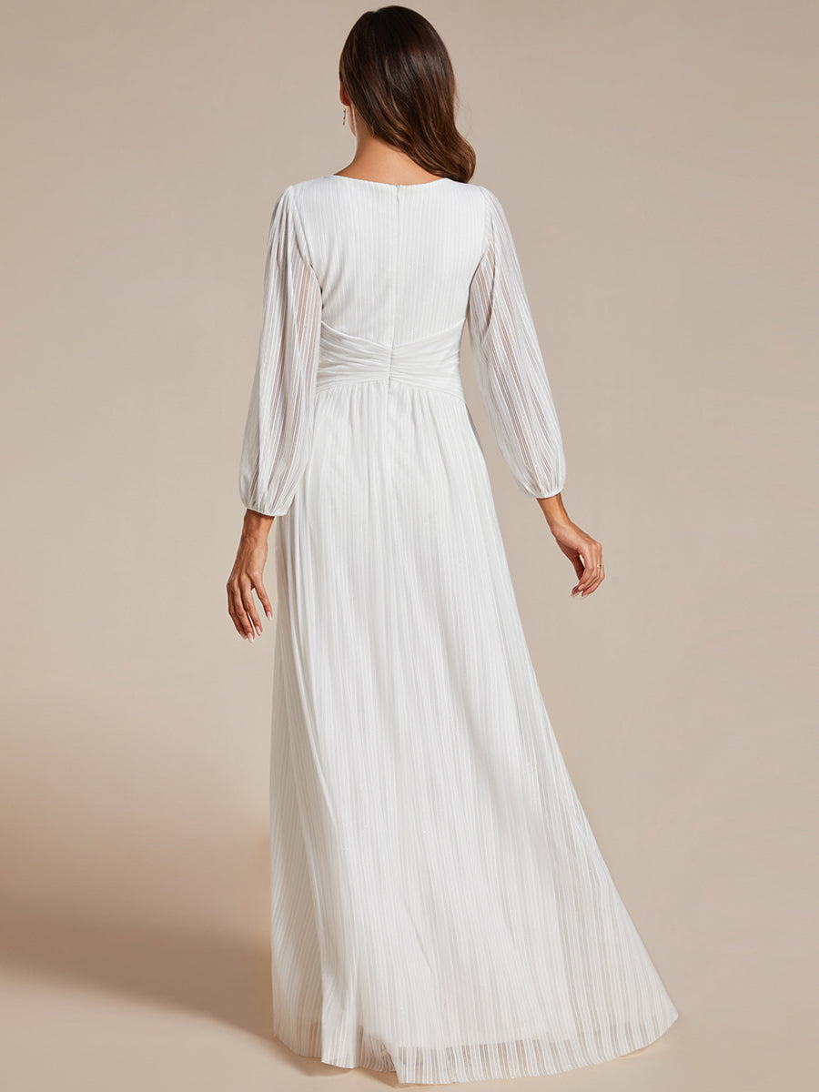 Color=White | Maxi Long Chiffon Waist  V Neck Wholesale Evening Dress with Long Sleeves-White 2