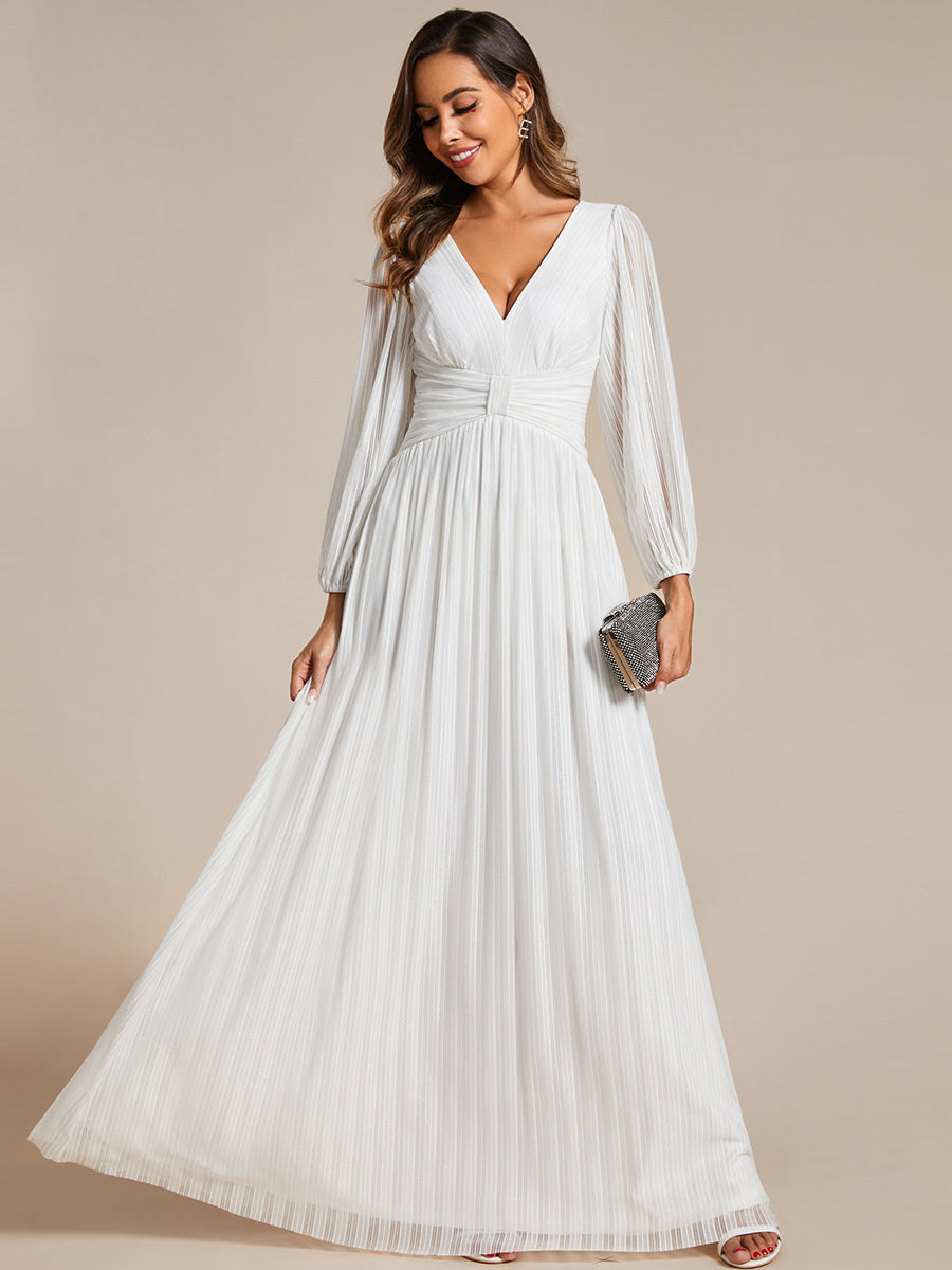 Color=White | Maxi Long Chiffon Waist  V Neck Wholesale Evening Dress with Long Sleeves-White 1
