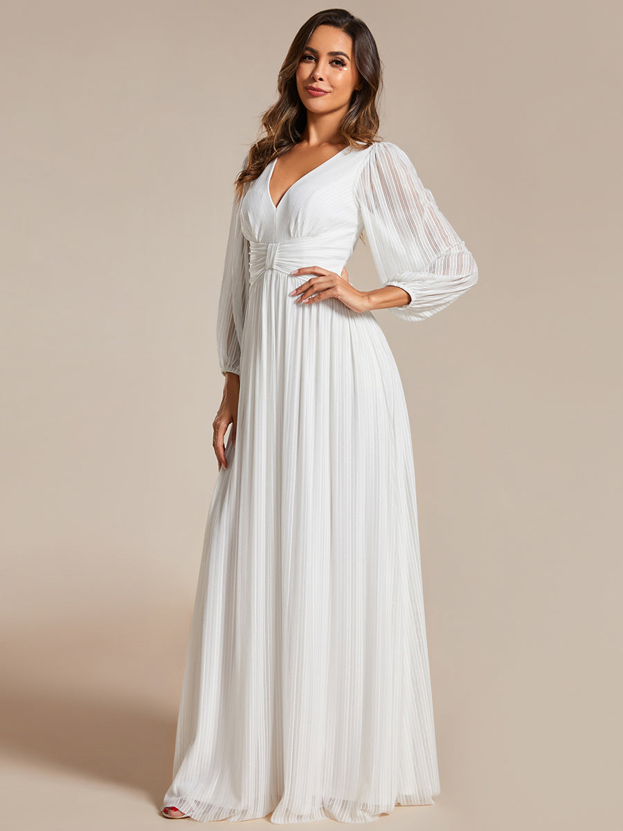 Color=White | Maxi Long Chiffon Waist  V Neck Wholesale Evening Dress with Long Sleeves-White 3