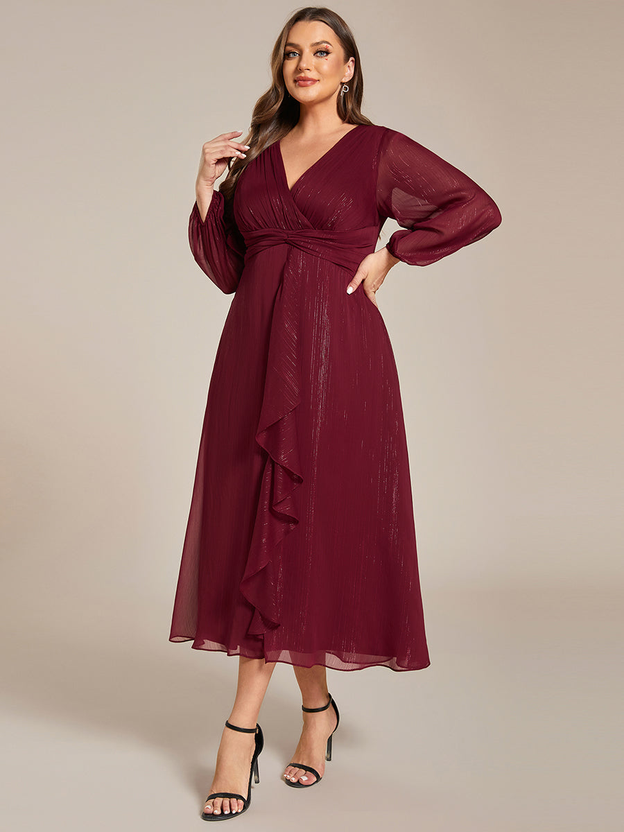 Shiny Chiffon Wholesale Wedding Guest Dresses with Long Sleeve#Color_Burgundy