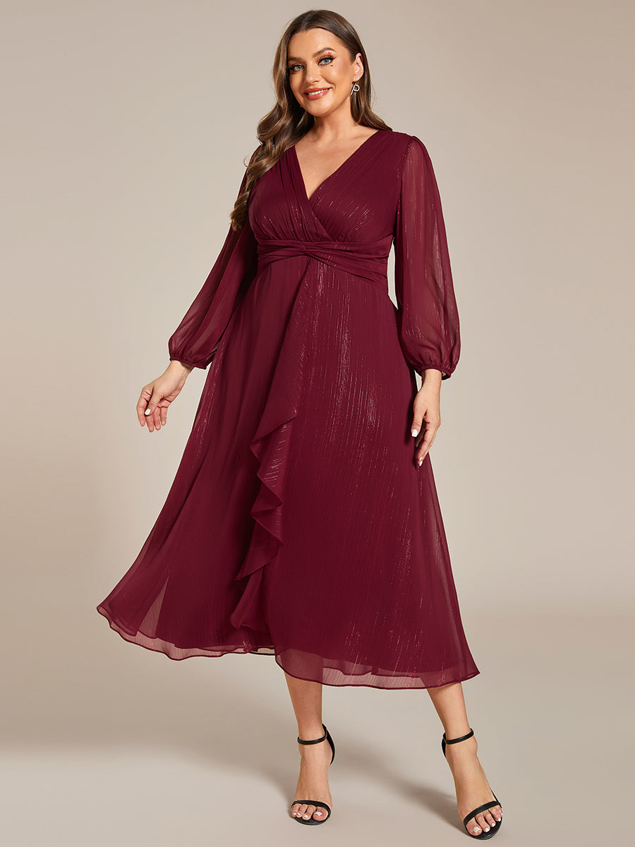 Shiny Chiffon Wholesale Wedding Guest Dresses with Long Sleeve#Color_Burgundy
