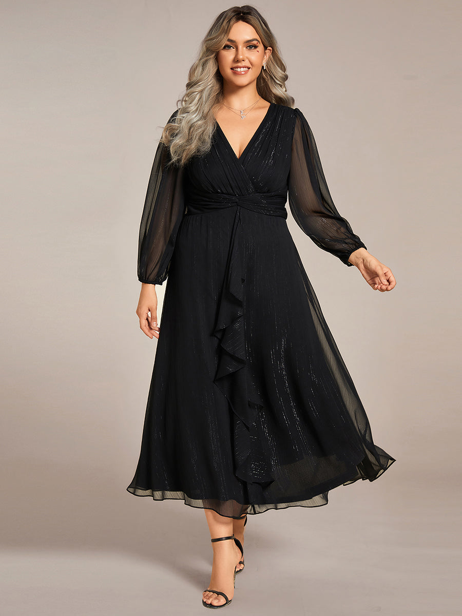 Shiny Chiffon Wholesale Wedding Guest Dresses with Long Sleeve#Color_Black