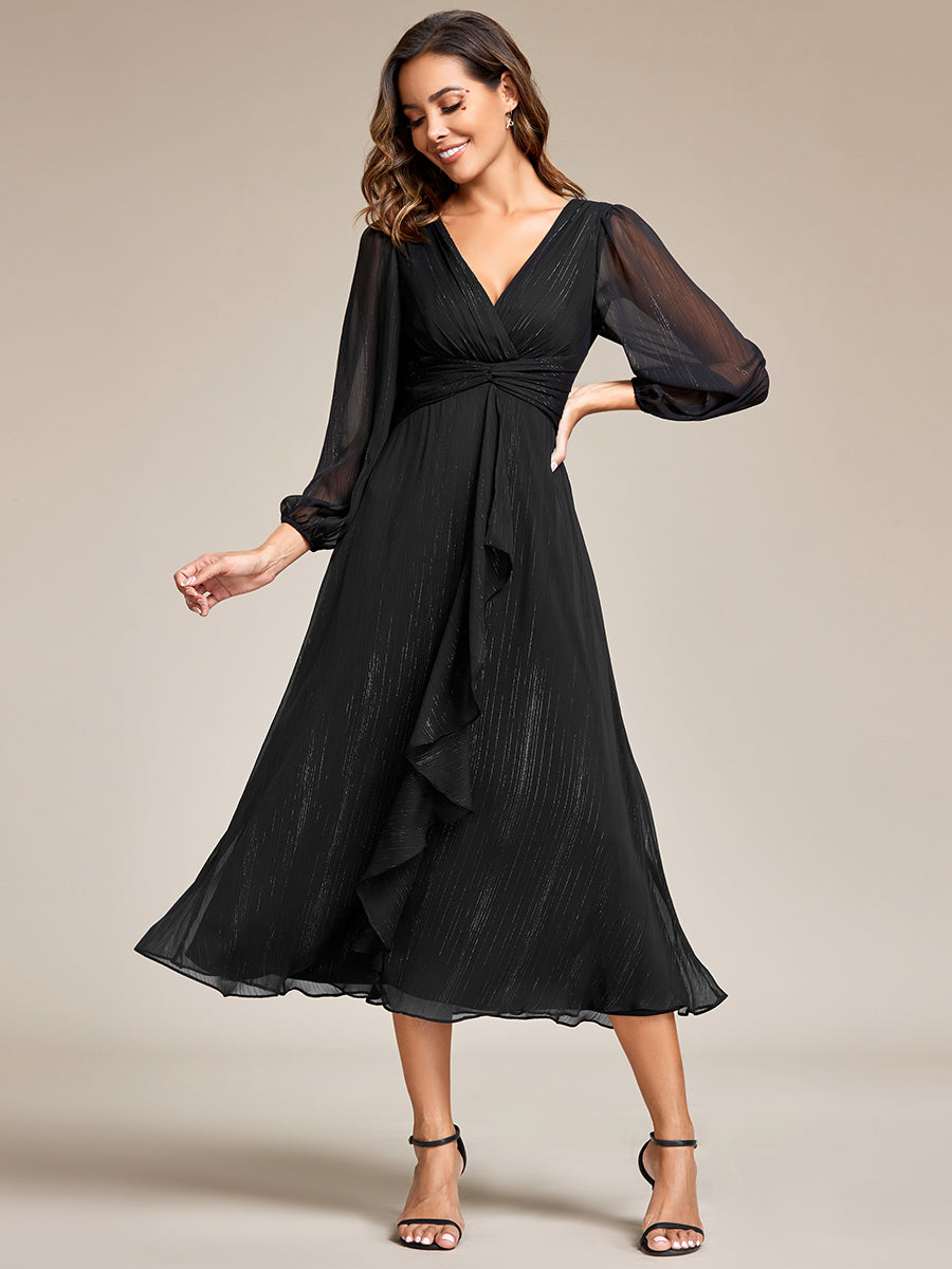 Shiny Chiffon Wholesale Wedding Guest Dresses with Long Sleeve#Color_Black