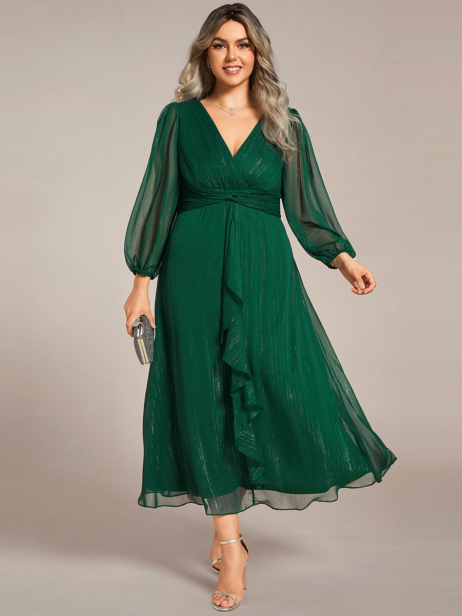 Shiny Chiffon Wholesale Wedding Guest Dresses with Long Sleeve#Color_Dark Green