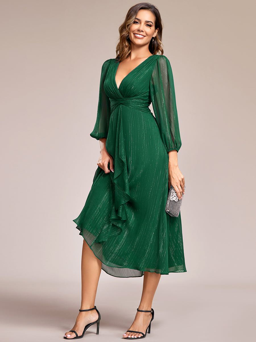 Shiny Chiffon Wholesale Wedding Guest Dresses with Long Sleeve#Color_Dark Green