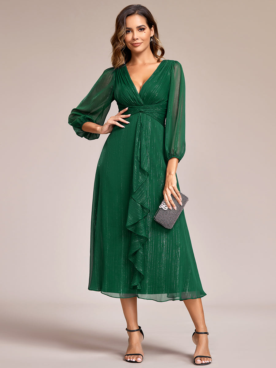 Shiny Chiffon Wholesale Wedding Guest Dresses with Long Sleeve#Color_Dark Green