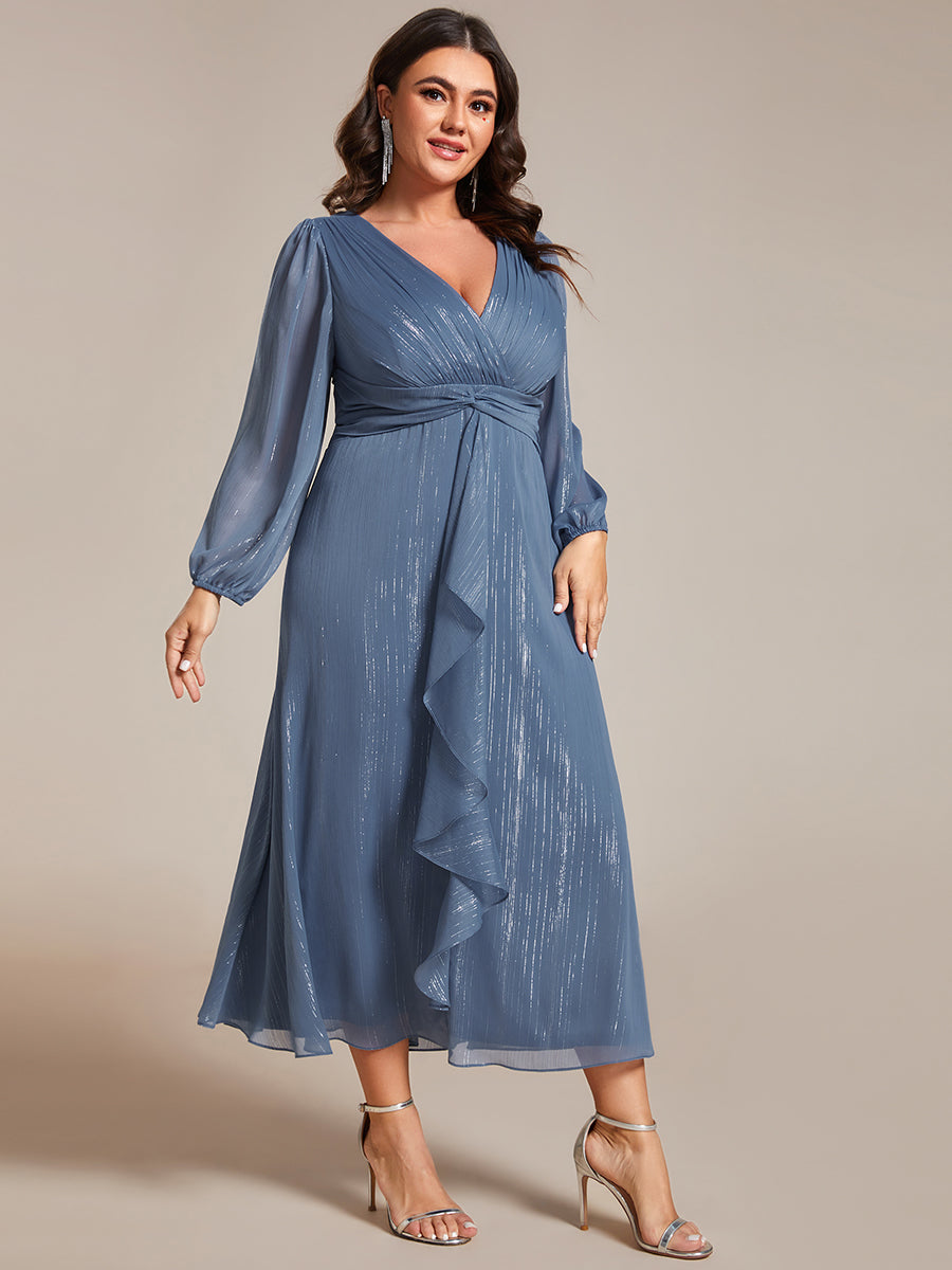 Shiny Chiffon Wholesale Wedding Guest Dresses with Long Sleeve#Color_Dusty Navy