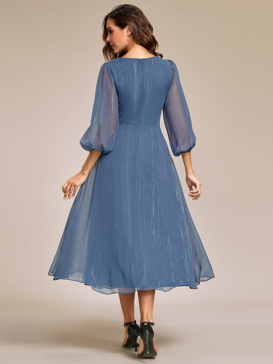 Shiny Chiffon Wholesale Wedding Guest Dresses with Long Sleeve#Color_Dusty Navy