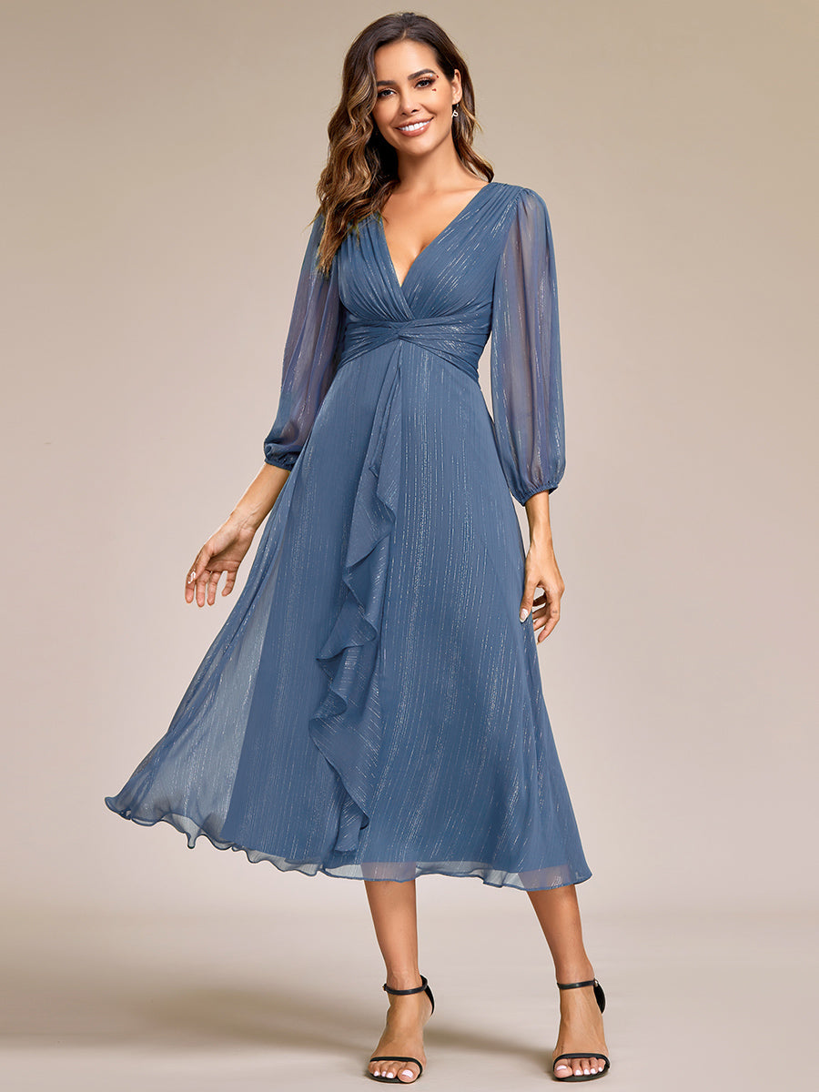 Shiny Chiffon Wholesale Wedding Guest Dresses with Long Sleeve#Color_Dusty Navy