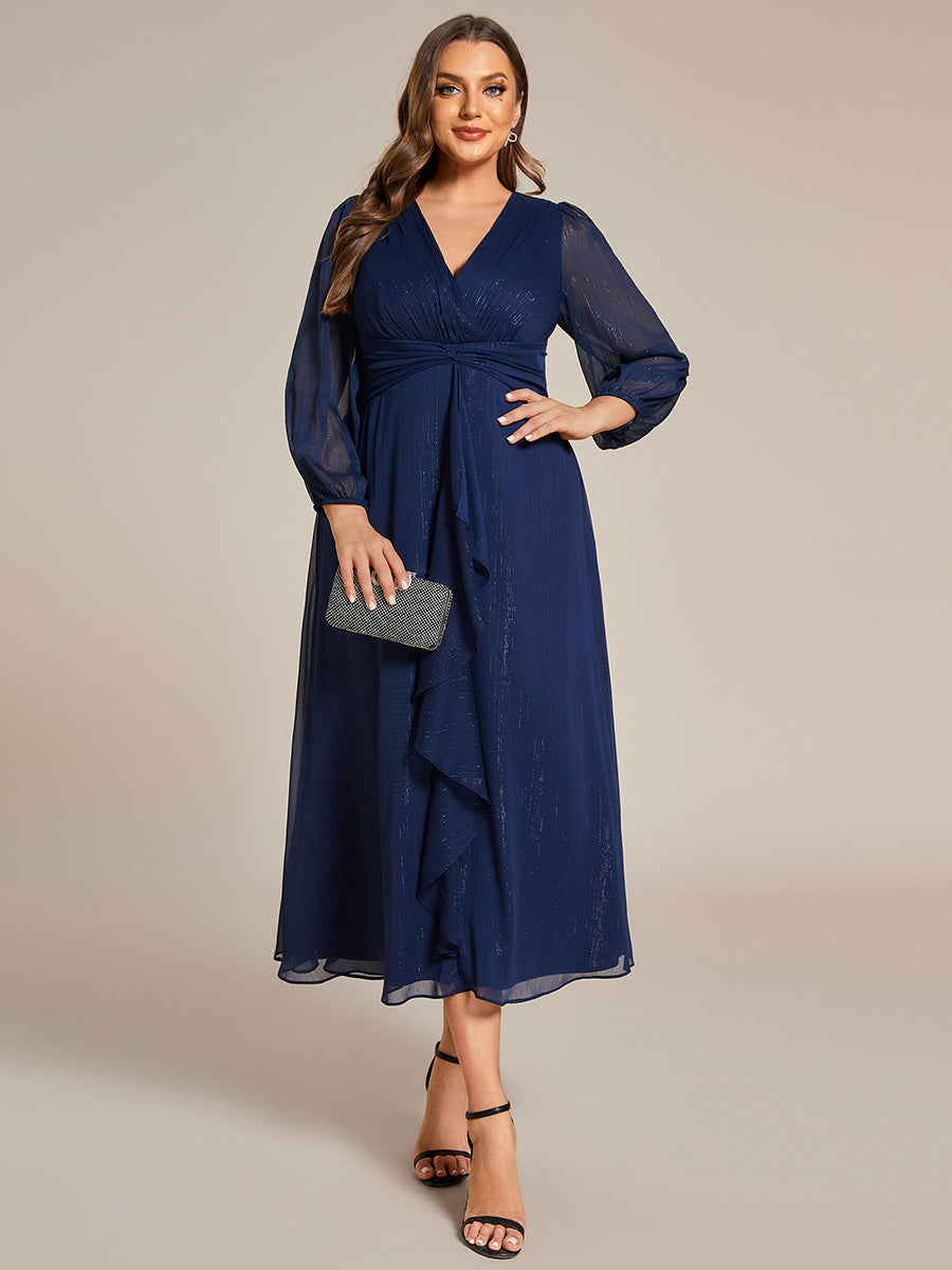 Shiny Chiffon Wholesale Wedding Guest Dresses with Long Sleeve#Color_Navy Blue