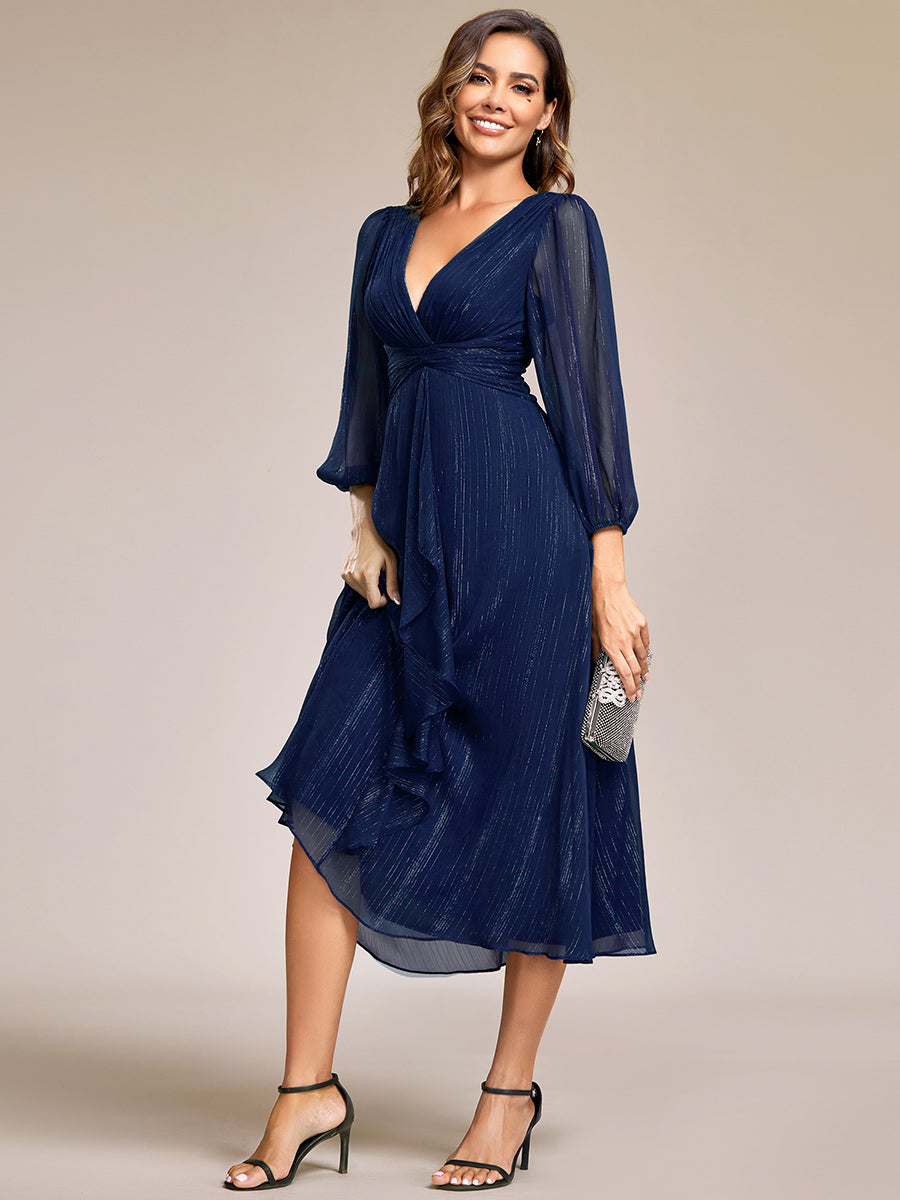 Shiny Chiffon Wholesale Wedding Guest Dresses with Long Sleeve#Color_Navy Blue