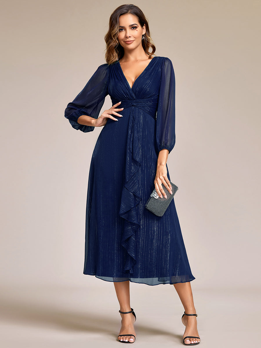 Shiny Chiffon Wholesale Wedding Guest Dresses with Long Sleeve#Color_Navy Blue