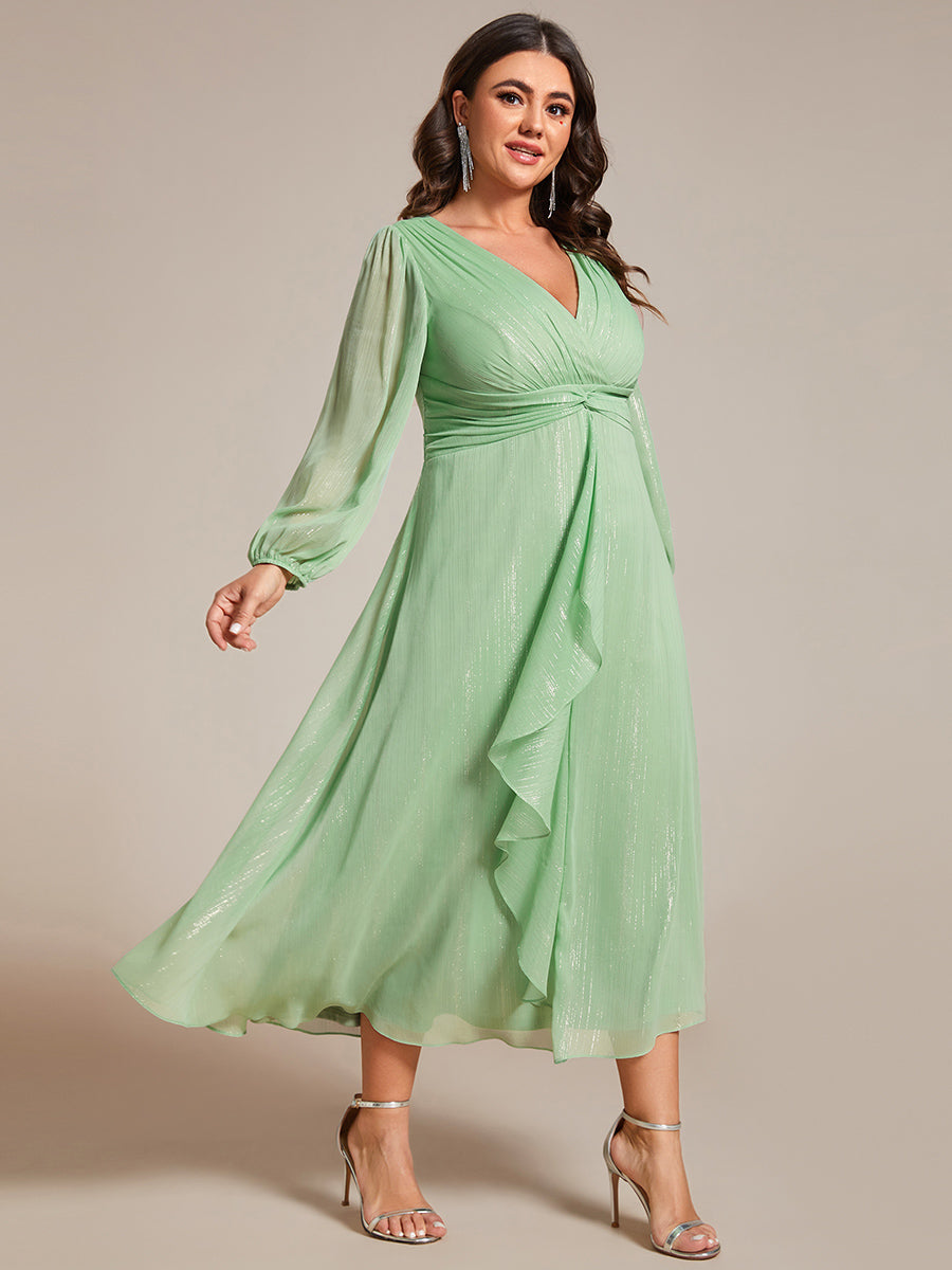 Shiny Chiffon Wholesale Wedding Guest Dresses with Long Sleeve#Color_Summer Green