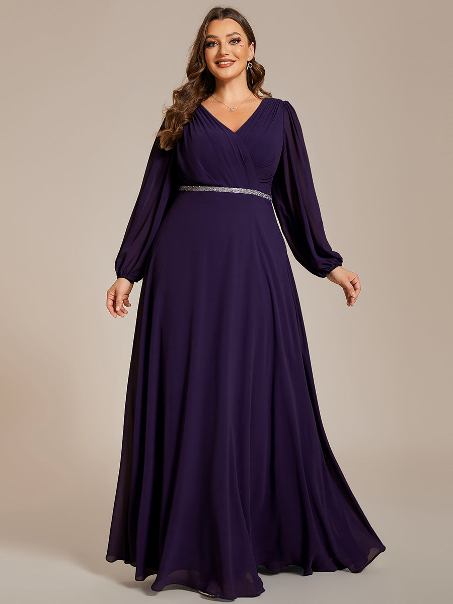 Plus Elegant waisted chiffon V-neck long sleeve guest dress wholesale#Color_Dark Purple